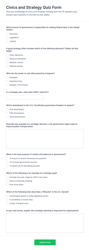 Civics And Strategy Quiz Form Template