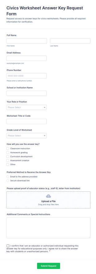 Civics Worksheet Answer Key Request Form Template