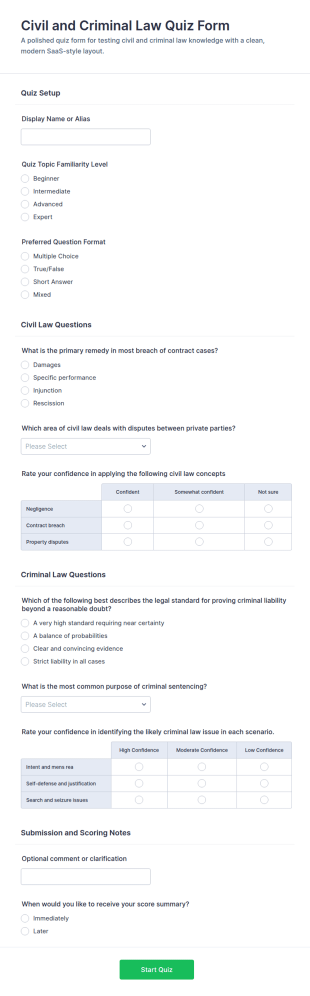 Civil And Criminal Law Quiz Form Template