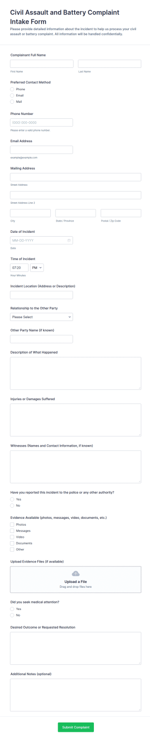 Civil Assault And Battery Complaint Intake Form Template