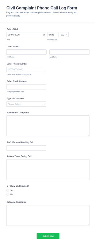 Civil Complaint Phone Call Log Form Template