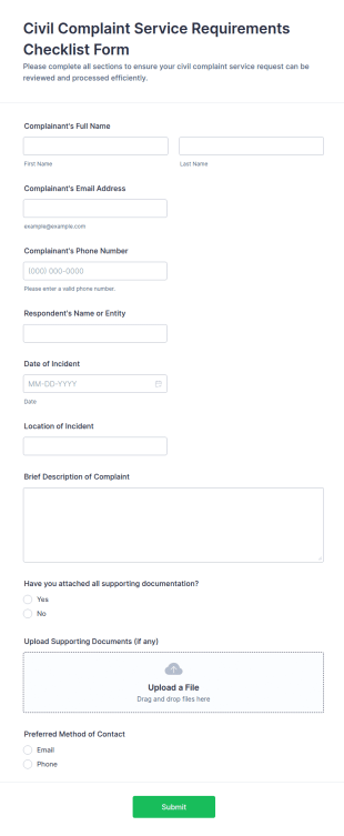 Civil Complaint Service Requirements Checklist Form Template