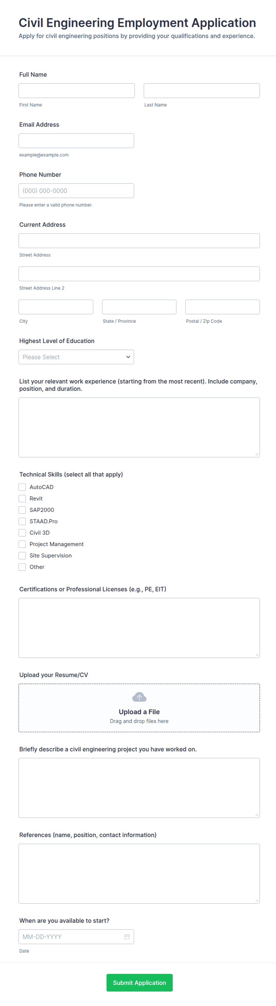 Civil Engineering Employment Application Form Template | Jotform
