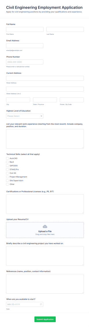 Civil Engineering Employment Application Form Template