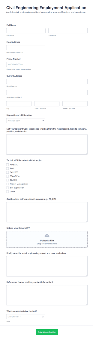 Civil Engineering Employment Application Form Template