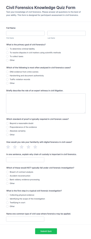 Civil Forensics Knowledge Quiz Form Template