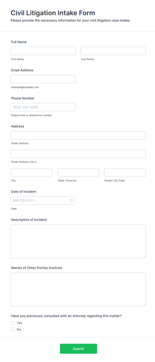 Civil Litigation Intake Form Form Template