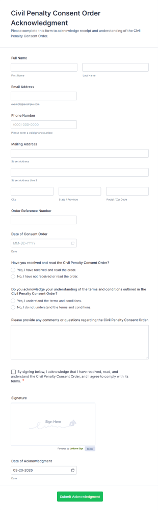 Civil Penalty Consent Order Acknowledgment Form Template