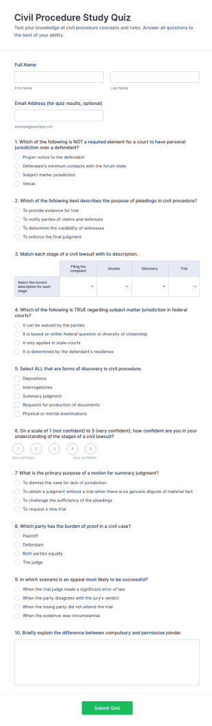 Civil Procedure Study Quiz Form Template