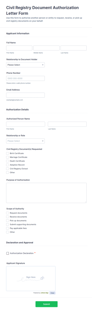 Civil Registry Document Authorization Letter Form Template