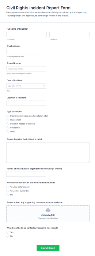 Civil Rights Incident Report Form Template
