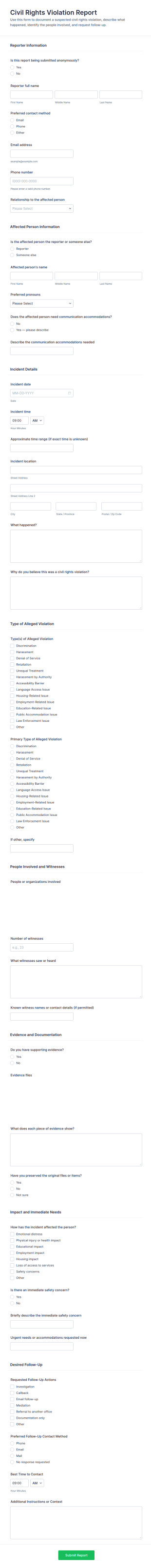 Civil Rights Violation Report Form Template