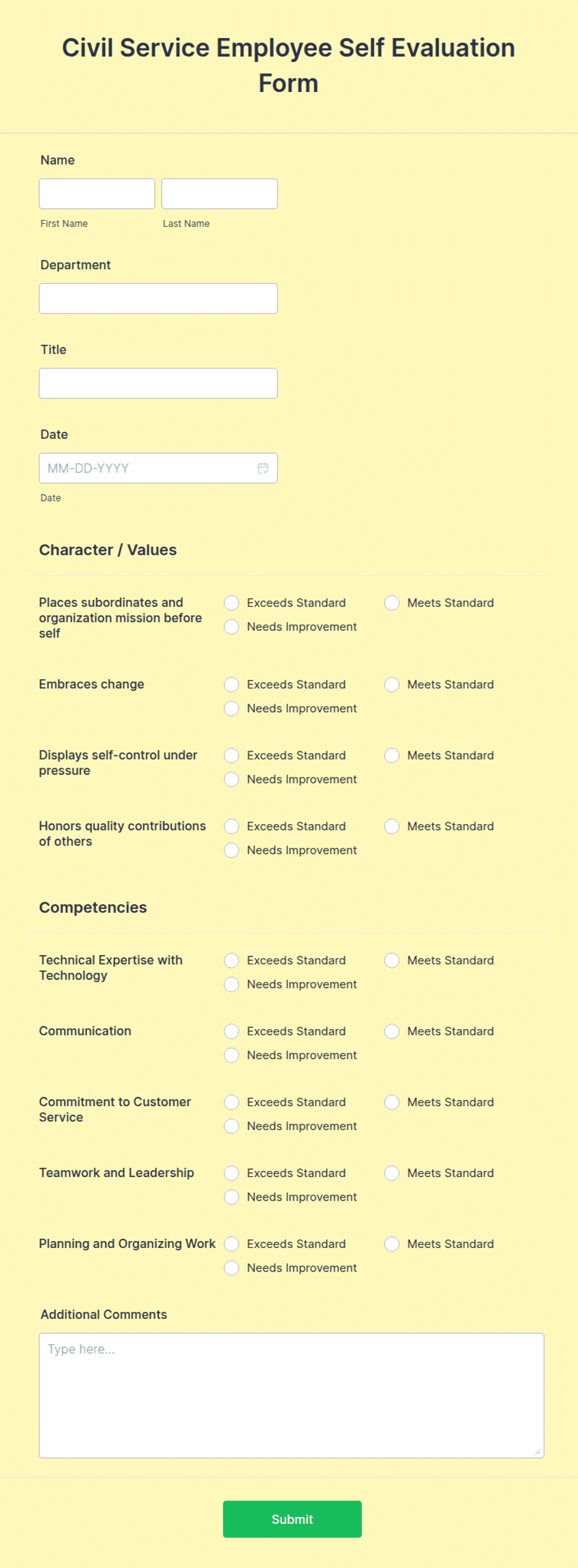 Civil Service Employee Self Evaluation Form Template | Jotform