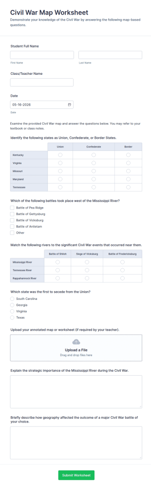 Civil War Map Worksheet Form Template
