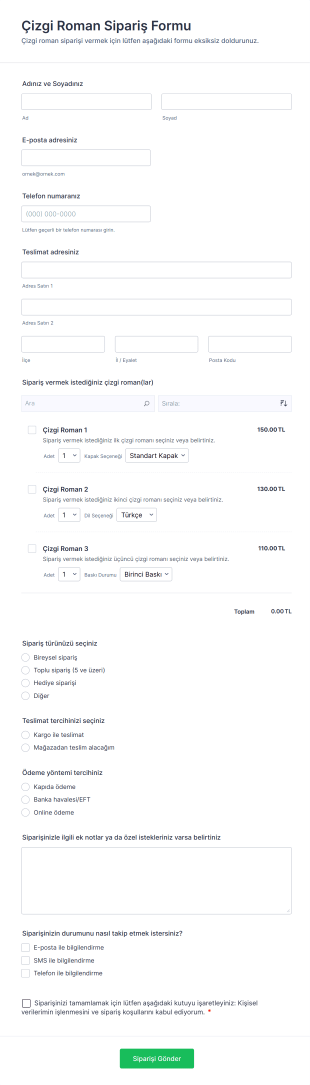 Çizgi Roman Sipariş Form Şablonu