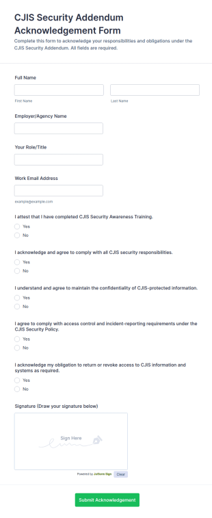 CJIS Security Addendum Acknowledgement Form Template