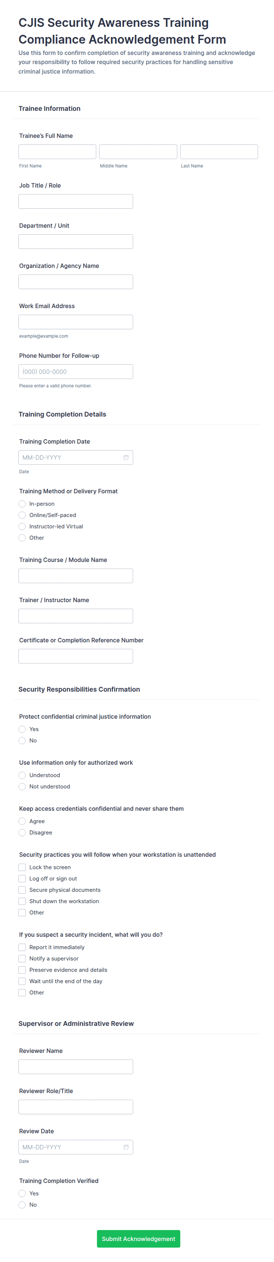 CJIS Security Awareness Training Compliance Acknowledgement Form ...