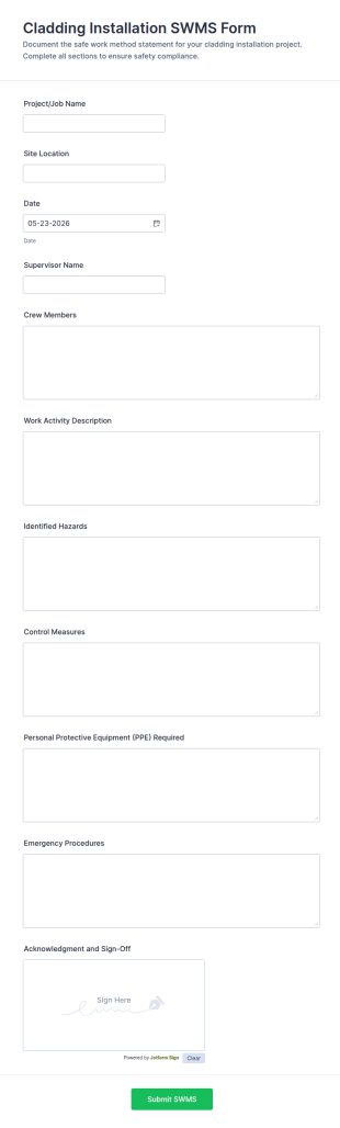 Cladding Installation SWMS Form Template