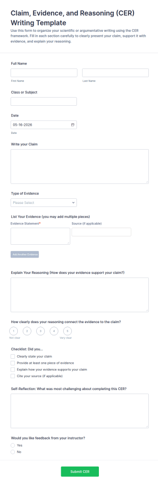 Claim, Evidence, And Reasoning (CER) Writing Form Template