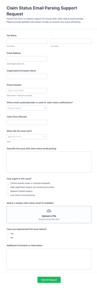 Claim Status Email Parsing Support Request Form Template