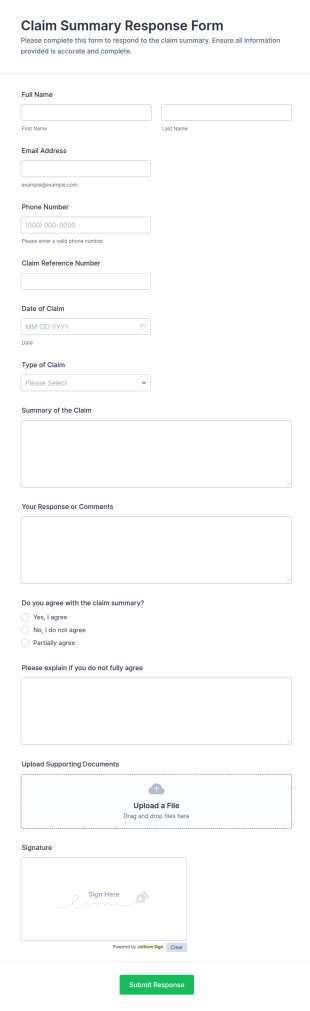 Claim Summary Response Form Template