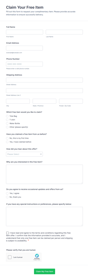 Claim Your Free Item Form Template