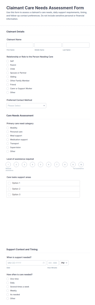 Claimant Care Needs Assessment Form Template
