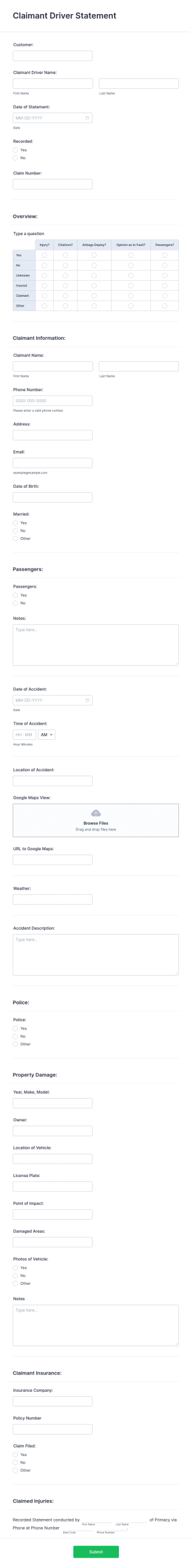 Claimant Driver Statement Form Template