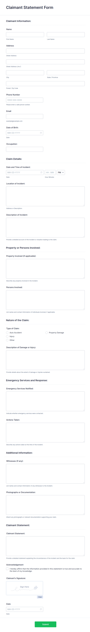 Claimant Statement Form Template