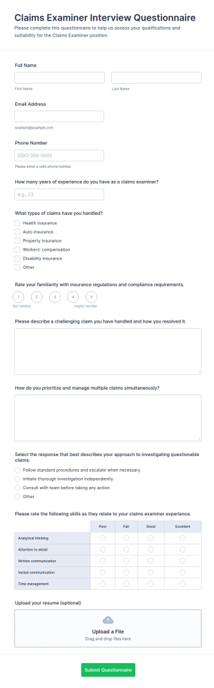Claims Examiner Interview Questionnaire Form Template