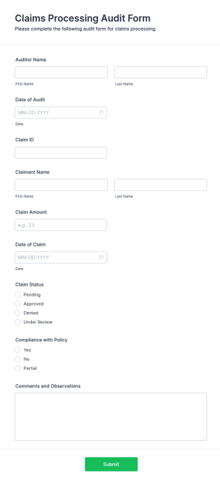 Claims Processing Audit Form Template