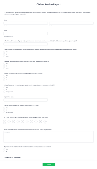 Claims Service Report Form Template