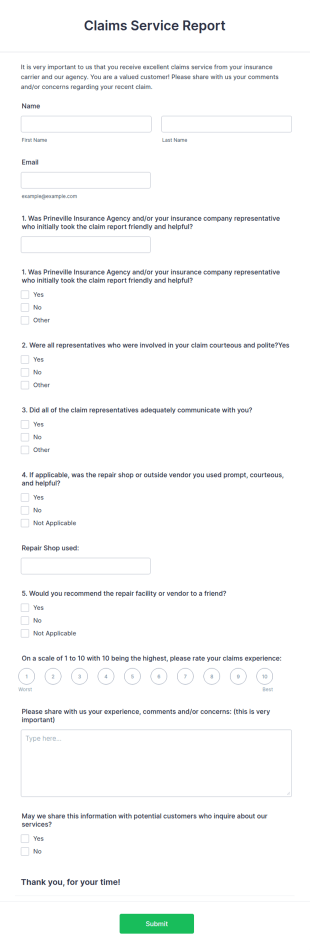 Claims Service Report Form Template