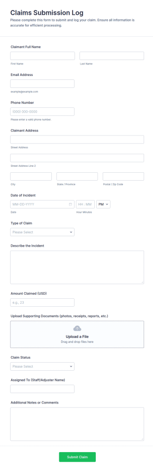 Claims Submission Log Form Template