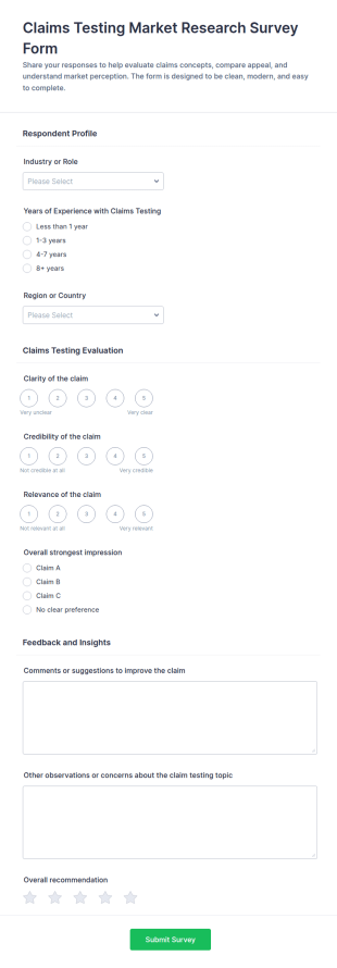 Claims Testing Market Research Survey Form Template