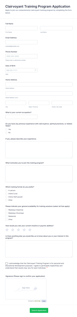 Clairvoyant Training Program Application Form Template