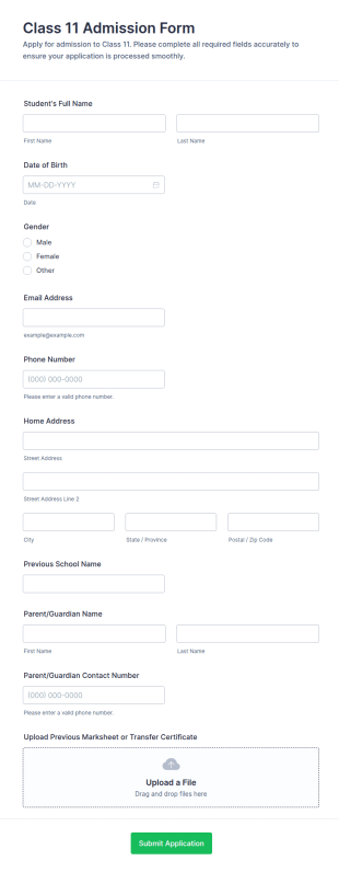 Class 11 Admission Form Template