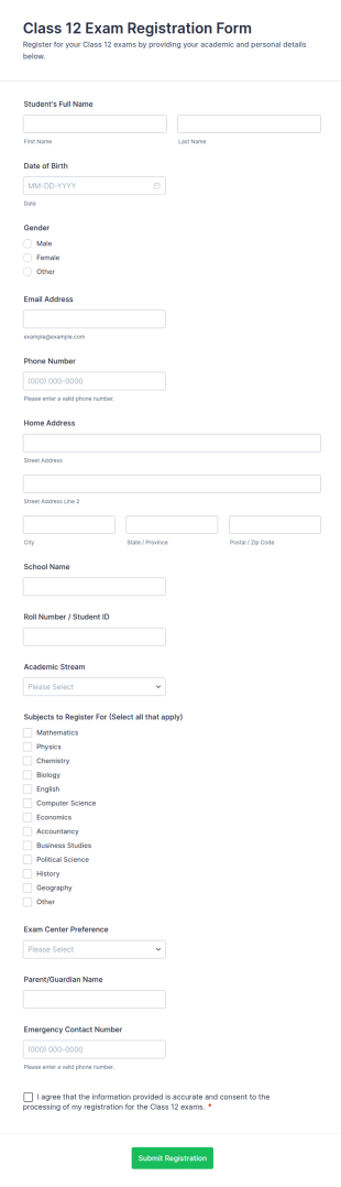 Class 12 Exam Registration Form Template