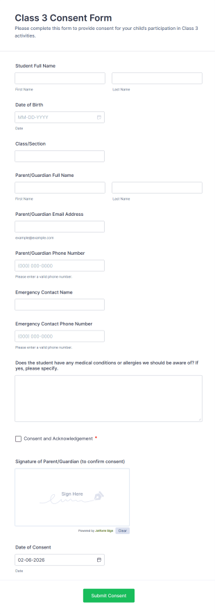Class 3 Consent Form Template
