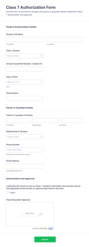 Class 7 Authorization Form Template