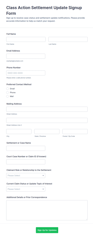 Class Action Settlement Update Signup Form Template