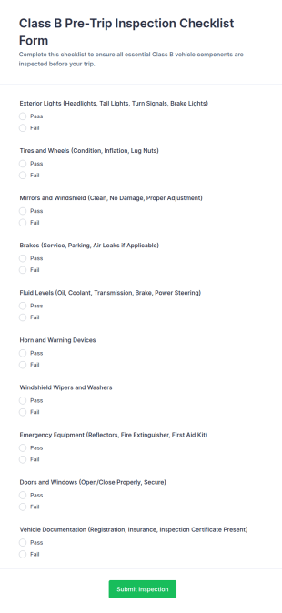 Class B Pre Trip Inspection Checklist Form Template