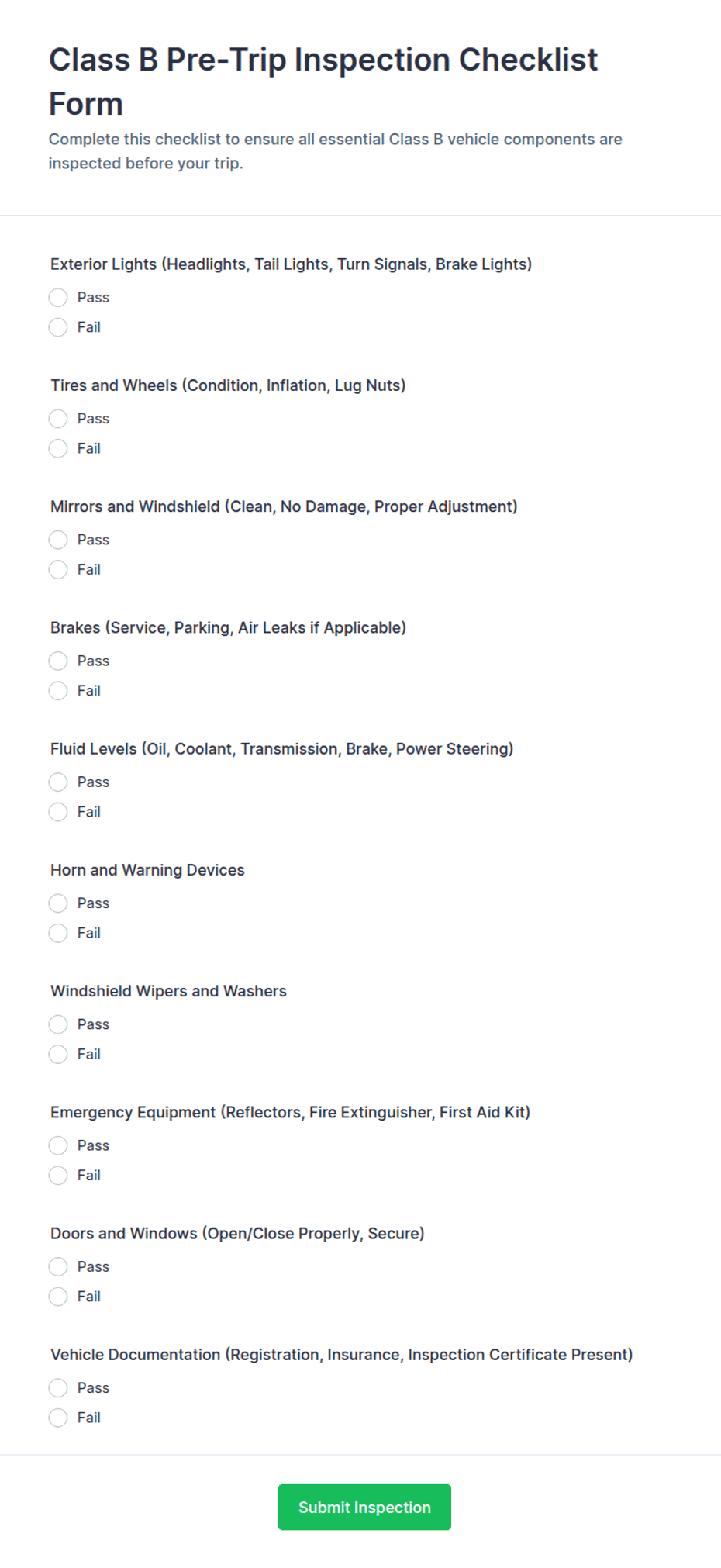 Example Insection Report Form Class B Pre-Trip Inspection Checklist Form Template | Jotform
