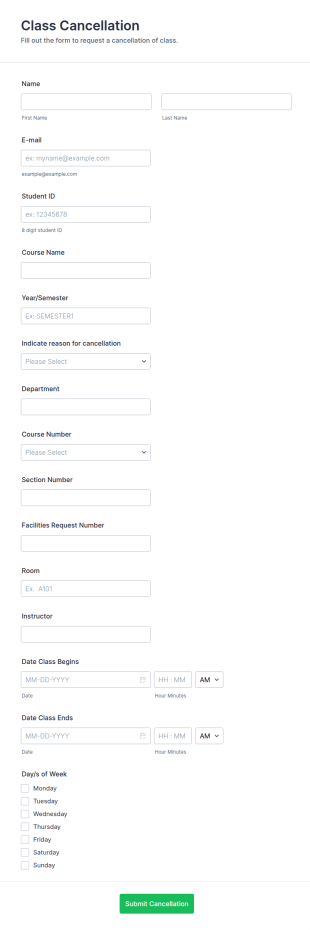 Class Cancellation Form Template