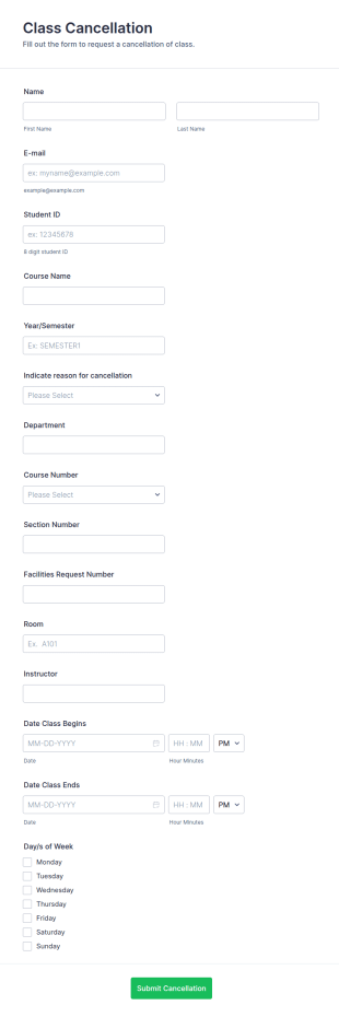 Class Cancellation Form Template