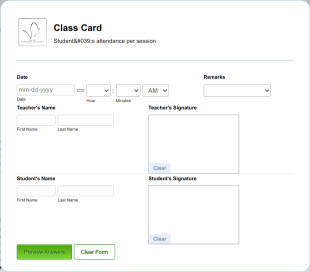 Class Attendance Card Form Template