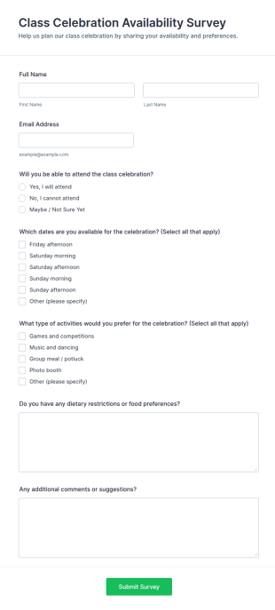 Class Celebration Availability Survey Form Template