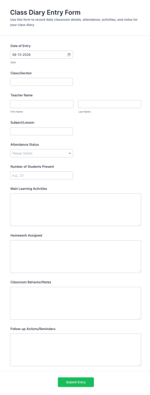 Class Diary Entry Form Template