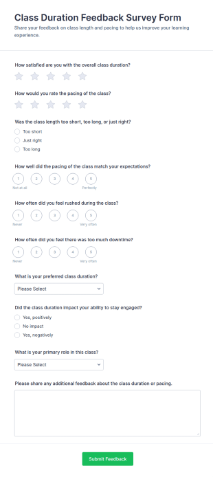 Class Duration Feedback Survey Form Template