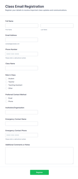 Class Email Registration Form Template